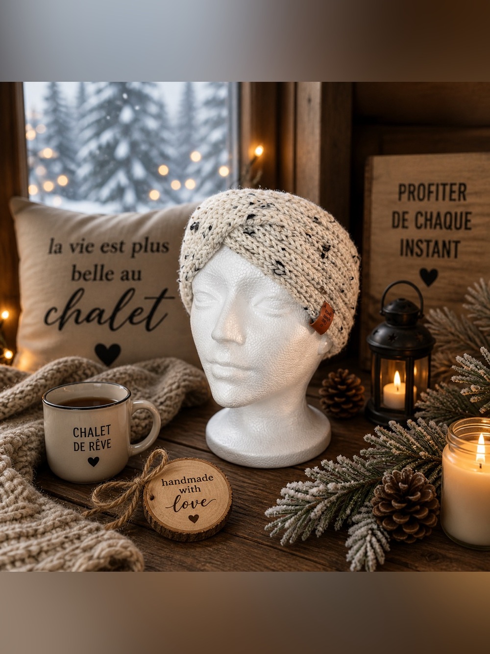 Knitted Cable Turban Headband in Cream Speckle